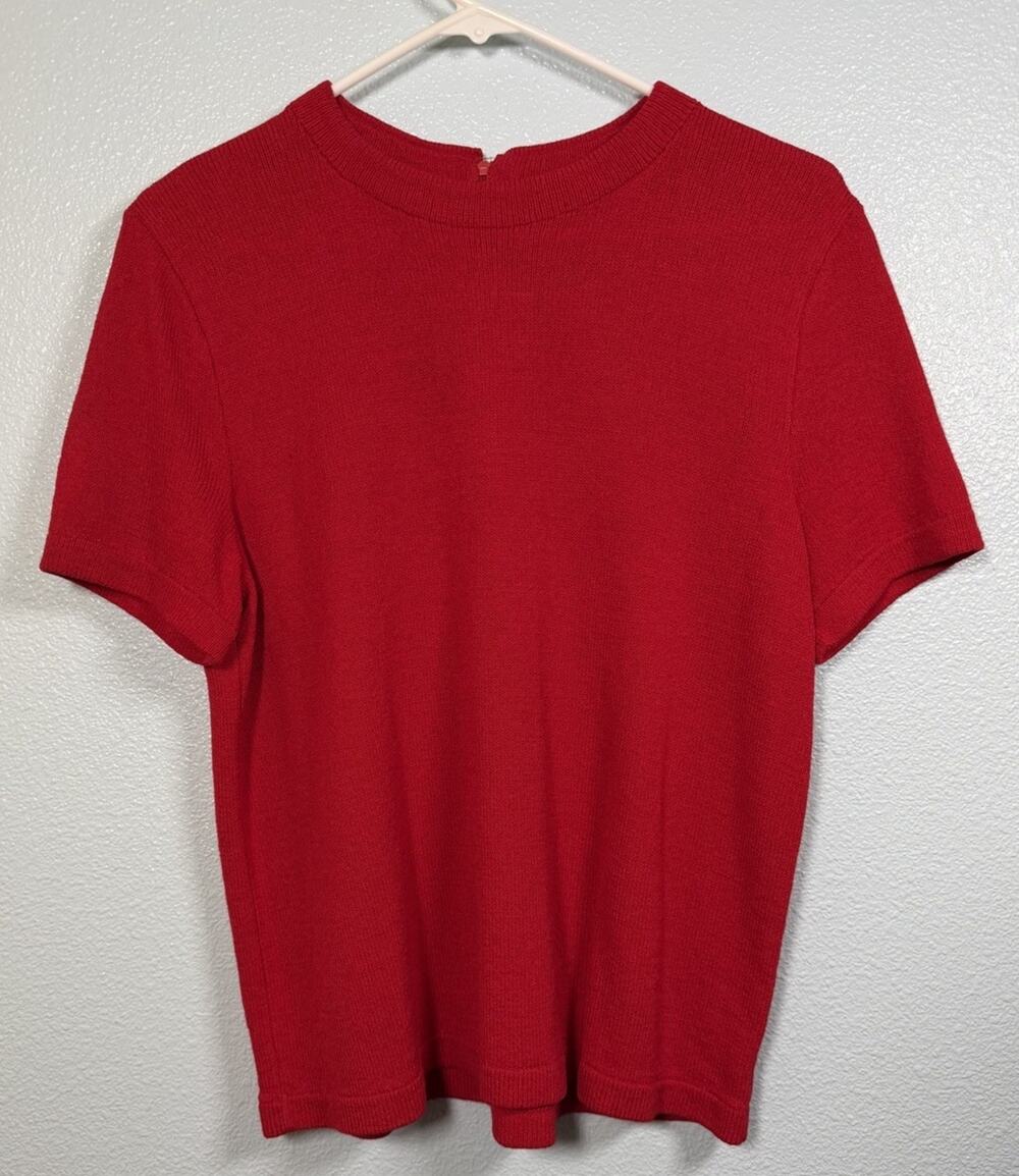 St John Sport Marie Gray Red Knit Short Sleeve Top Back Zip Women’s M